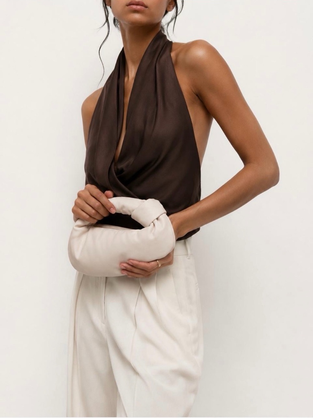 Anthropologie Melie Bianco Alexandra Cream Vegan Leather Knot Top Handle Bag